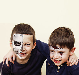Image showing zombie apocalypse kids concept. Birthday party celebration facepaint on children dead bride, scar face, skeleton together having fun halloween