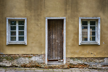 Image showing Old windows and door with grunge cracked wall