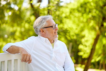 Image showing happy senior man in glasses sitting at summer park