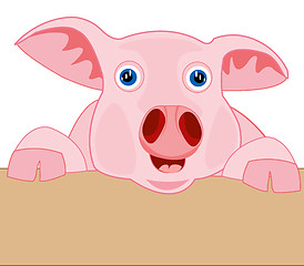 Image showing Cartoon piglet peering out for fence