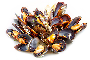 Image showing cooked mussels on white background