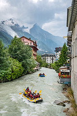 Image showing Chamonix, France - July 19, 2017: boats rafting through the town