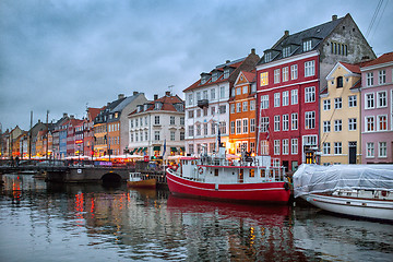 Image showing Night view of Nyhavn canal, Copenhagen