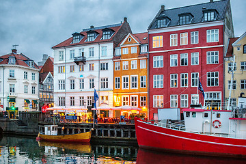 Image showing Night view of Nyhavn canal, Copenhagen