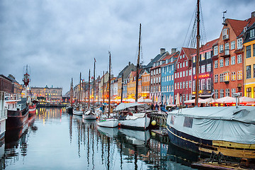 Image showing Night view of Nyhavn canal, Copenhagen
