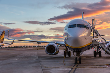 Image showing Ryanair Jet commercial airplane on Valencia airport at sunset.