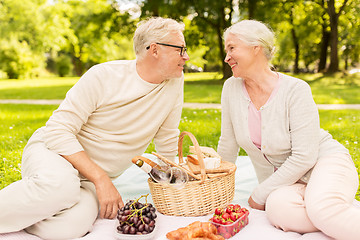 Image showing happy senior couple having picnic at summer park