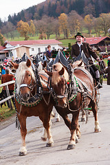 Image showing Hundham, Germany, Bavaria 04.11.2017: Leonhardi ride in the Bavarian Hundham