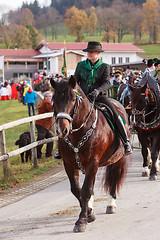 Image showing Hundham, Germany, Bavaria 04.11.2017: Leonhardi ride in the Bavarian Hundham