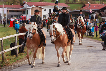 Image showing Hundham, Germany, Bavaria 04.11.2017: Leonhardi ride in the Bavarian Hundham