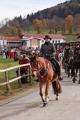 Image showing Hundham, Germany, Bavaria 04.11.2017: Leonhardi ride in the Bavarian Hundham