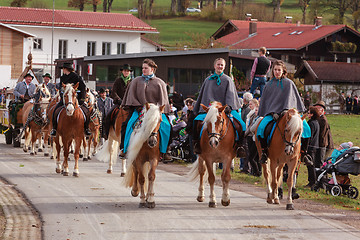 Image showing Hundham, Germany, Bavaria 04.11.2017: Leonhardi ride in the Bavarian Hundham