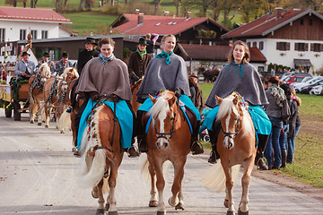 Image showing Hundham, Germany, Bavaria 04.11.2017: Leonhardi ride in the Bavarian Hundham