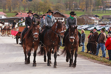 Image showing Hundham, Germany, Bavaria 04.11.2017: Leonhardi ride in the Bavarian Hundham