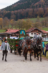 Image showing Hundham, Germany, Bavaria 04.11.2017: Leonhardi ride in the Bavarian Hundham