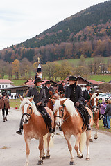 Image showing Hundham, Germany, Bavaria 04.11.2017: Leonhardi ride in the Bavarian Hundham