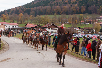 Image showing Hundham, Germany, Bavaria 04.11.2017: Leonhardi ride in the Bavarian Hundham