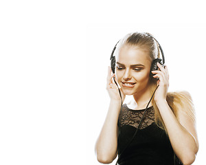 Image showing young sweet talented teenage girl in headphones singing isolated