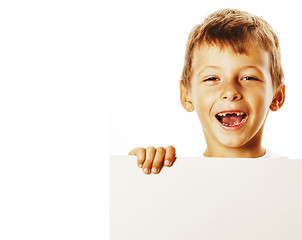 Image showing little cute boy holding empty shit to copyspace isolated close u