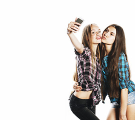 Image showing cute teenage girls making selfie isolated