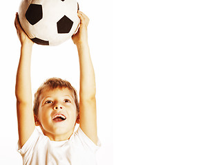 Image showing little cute boy playing football ball isolated on white close up