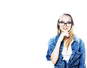 Image showing young pretty girl teenager in glasses on white isolated blond ha