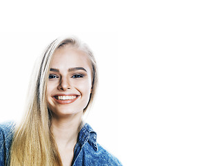 Image showing young blond woman on white backgroung gesture thumbs up, isolate