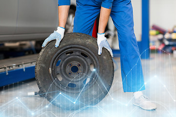 Image showing mechanic with wheel tire at car workshop