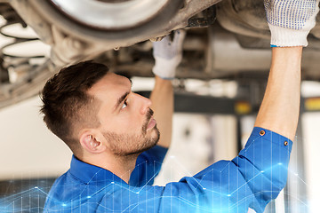 Image showing mechanic man or smith repairing car at workshop