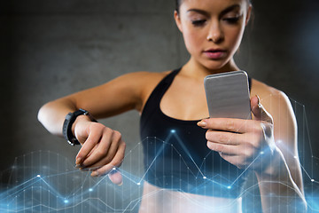 Image showing woman with heart-rate watch and smartphone in gym