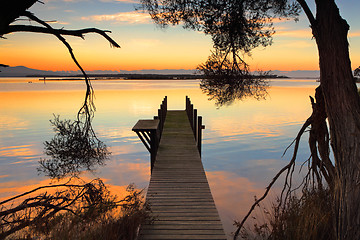 Image showing Rustic jetty sunrise