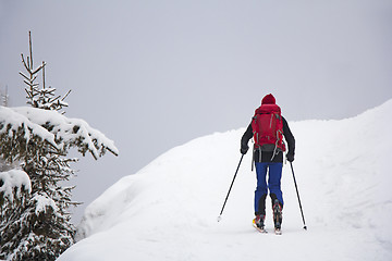 Image showing Man with skis walk by snow on the mountain