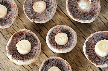 Image showing Sliced mushrooms on  wooden table