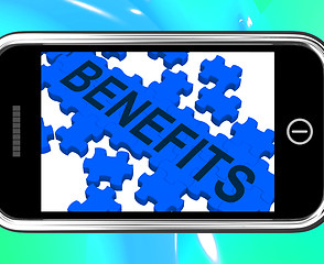 Image showing Benefits On Smartphone Shows Monetary Rewards And Bonuses