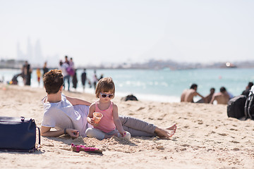 Image showing Mom and daughter on the beach