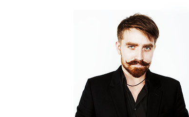 Image showing young red hair man with beard and mustache in black suit on whit