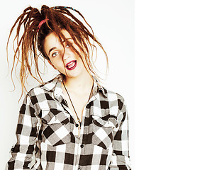 Image showing real caucasian woman with dreadlocks hairstyle funny cheerful fa