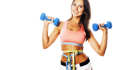Image showing young pretty slim woman with dumbbell isolated