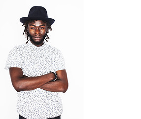 Image showing young handsome afro american boy in stylish hipster hat gesturin