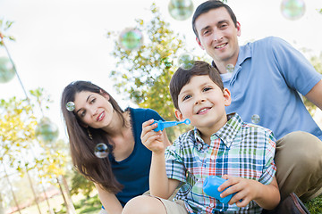 Image showing Young Boy Blowing Bubbles with His Parents in the Park.