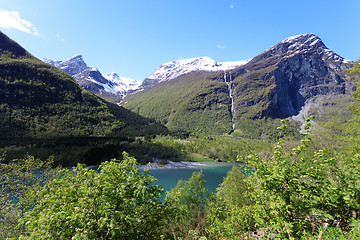 Image showing The ice-cold water from the glacier in Loen makes the water gree