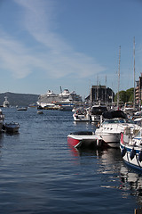 Image showing BERGEN HARBOR, NORWAY - MAY 27, 2017: Private boats on a row alo