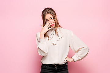 Image showing Portrait of young woman with shocked facial expression