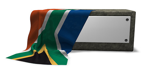 Image showing stone socket with blank sign and flag of south africa - 3d rendering