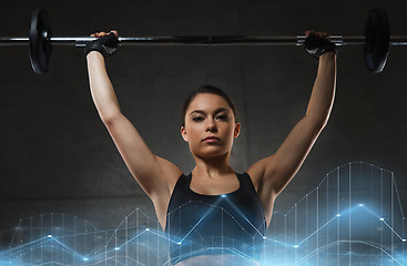 Image showing young woman flexing muscles with barbell in gym