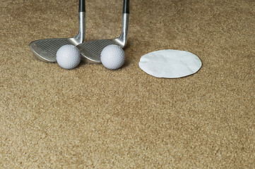 Image showing Golf Clubs Golf Balls Hole On A Rug