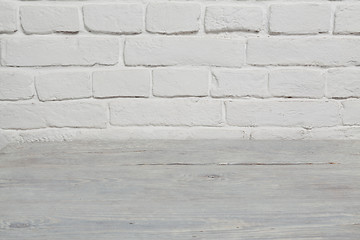 Image showing Old white brick wall and wood floor background