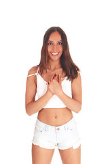 Image showing Happy smiling woman with her hands folded