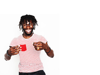 Image showing young handsome afro american boy stylish hipster gesturing emotional isolated on white background smiling, lifestyle people concept