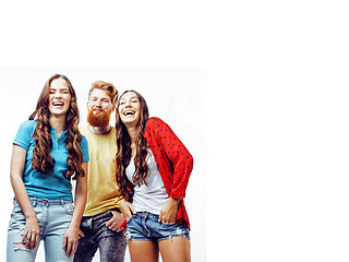 Image showing company of hipster guys, bearded red hair boy and girls students